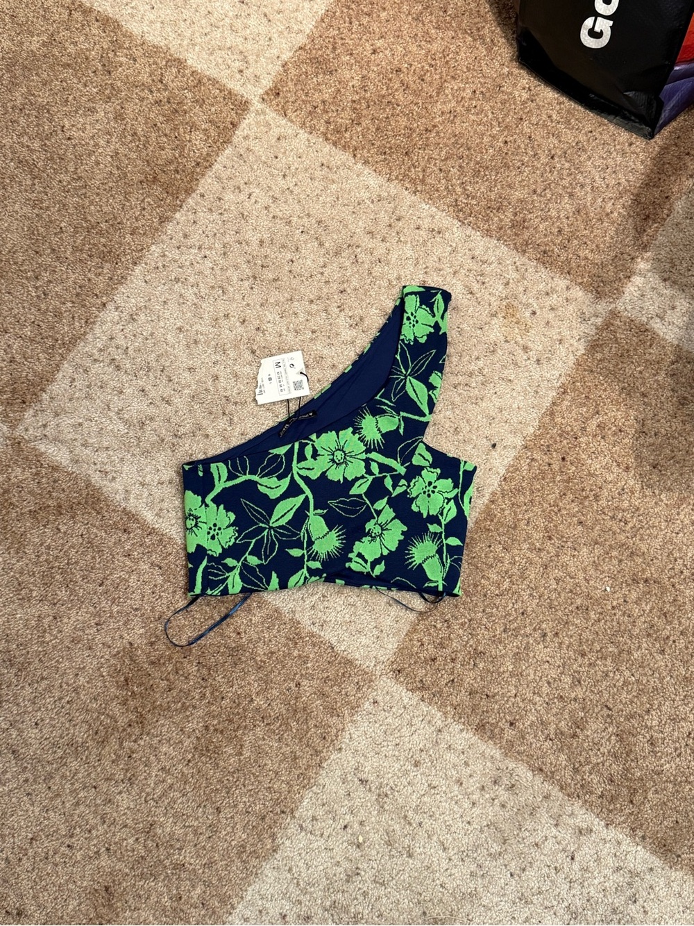 Zara Navy One-Shoulder Crop Top with Neon Green Floral Print